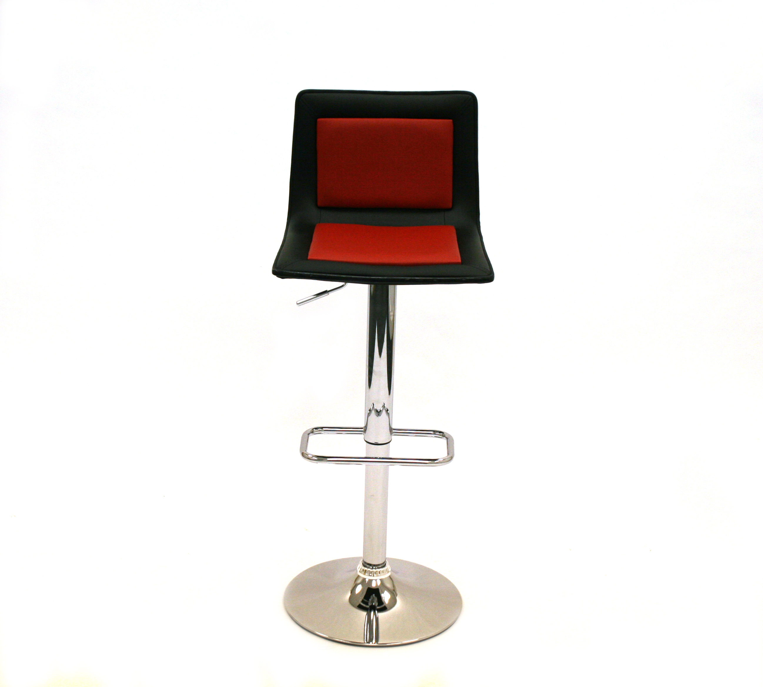 Black and Red leather gas lift swivel bar stool with a chrome base and foot rest - BE Event Hire