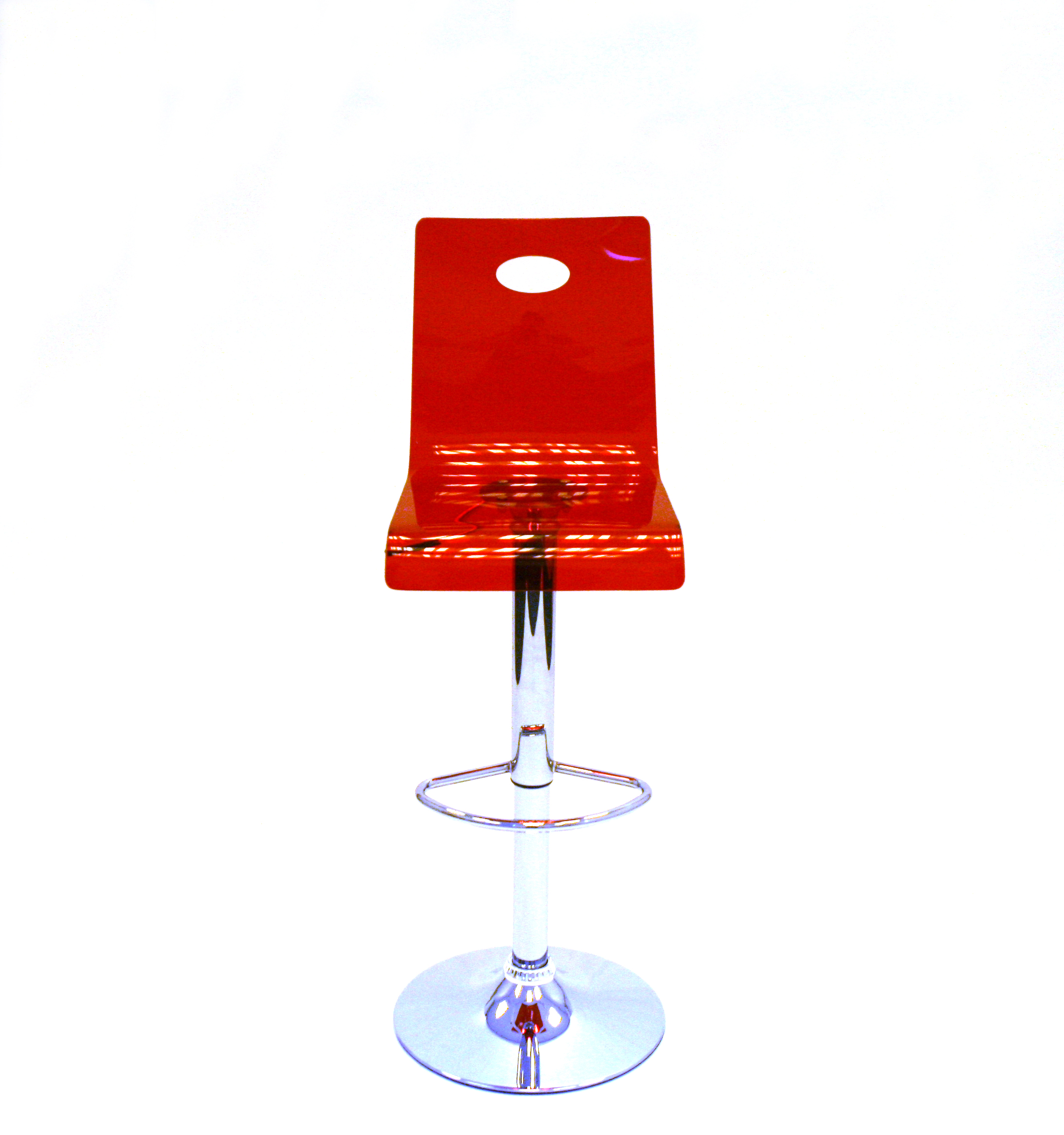 Red gas lift plastic swivel bar stool with a chrome base and foot rest - BE Event Hire