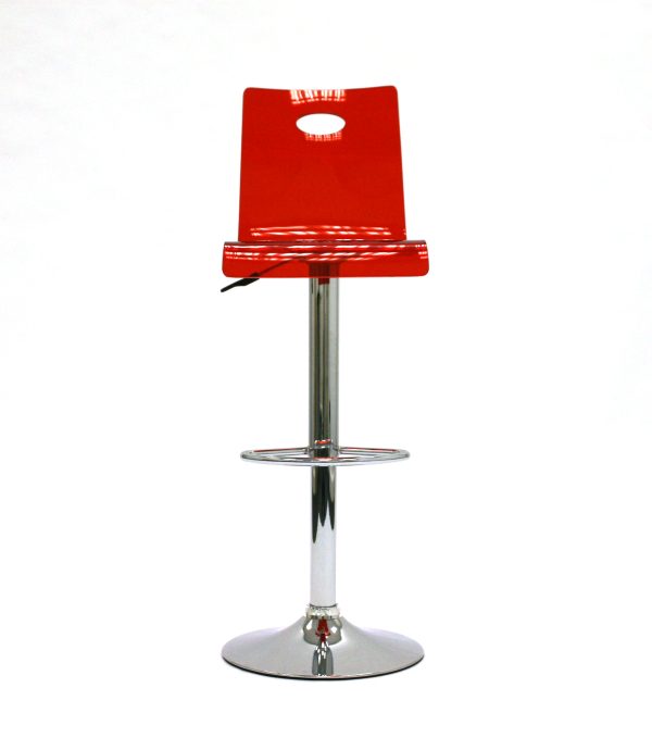 Red gas lift plastic swivel bar stool with a chrome base and foot rest - BE Event Hire