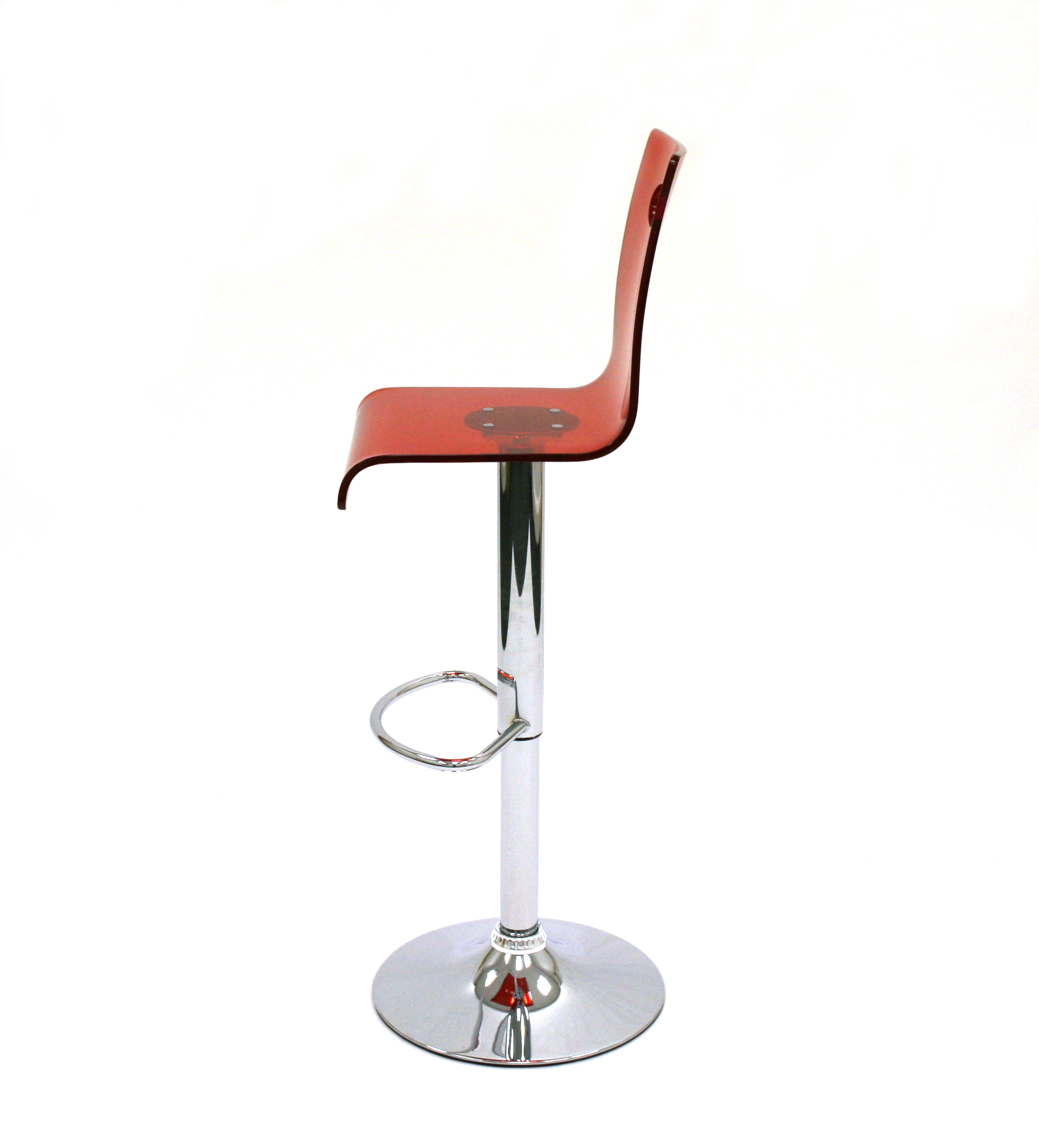 Red gas lift plastic swivel bar stool with a chrome base and foot rest - BE Event Hire