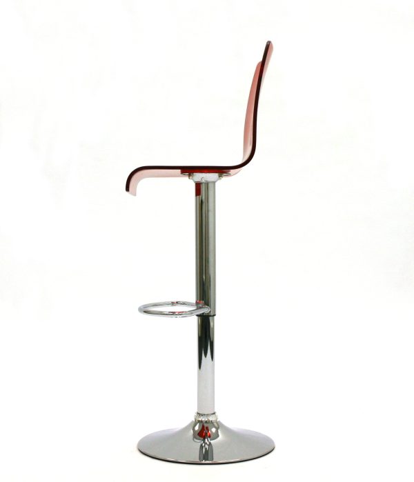 Red gas lift plastic swivel bar stool with a chrome base and foot rest - BE Event Hire