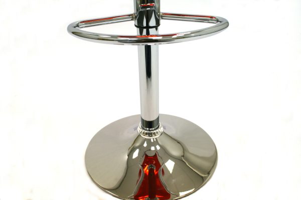 Red gas lift plastic swivel bar stool with a chrome base and foot rest - BE Event Hire