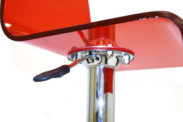 Red gas lift plastic swivel bar stool with a chrome base and foot rest - BE Event Hire