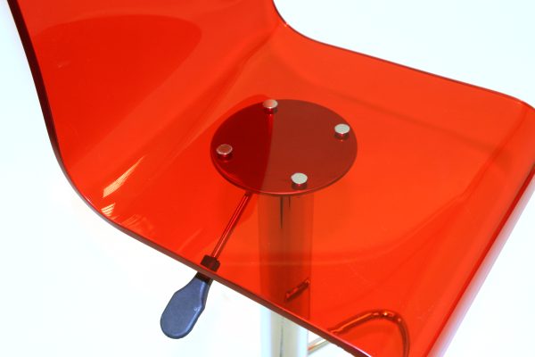 Red gas lift plastic swivel bar stool with a chrome base and foot rest - BE Event Hire