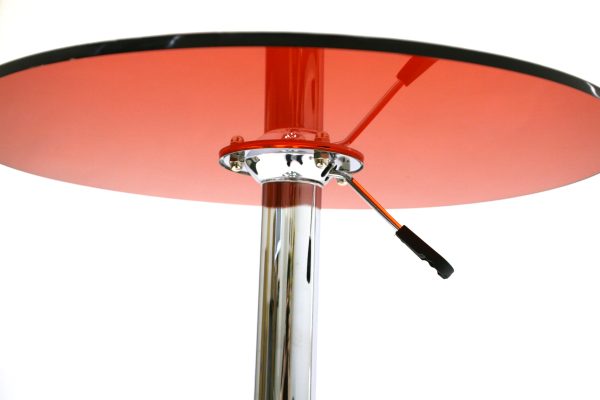 Red Acrylic Bistro Table - 60cm diameter red acrylic swivel gas lift table with a chrome metal base - BE Event Hire