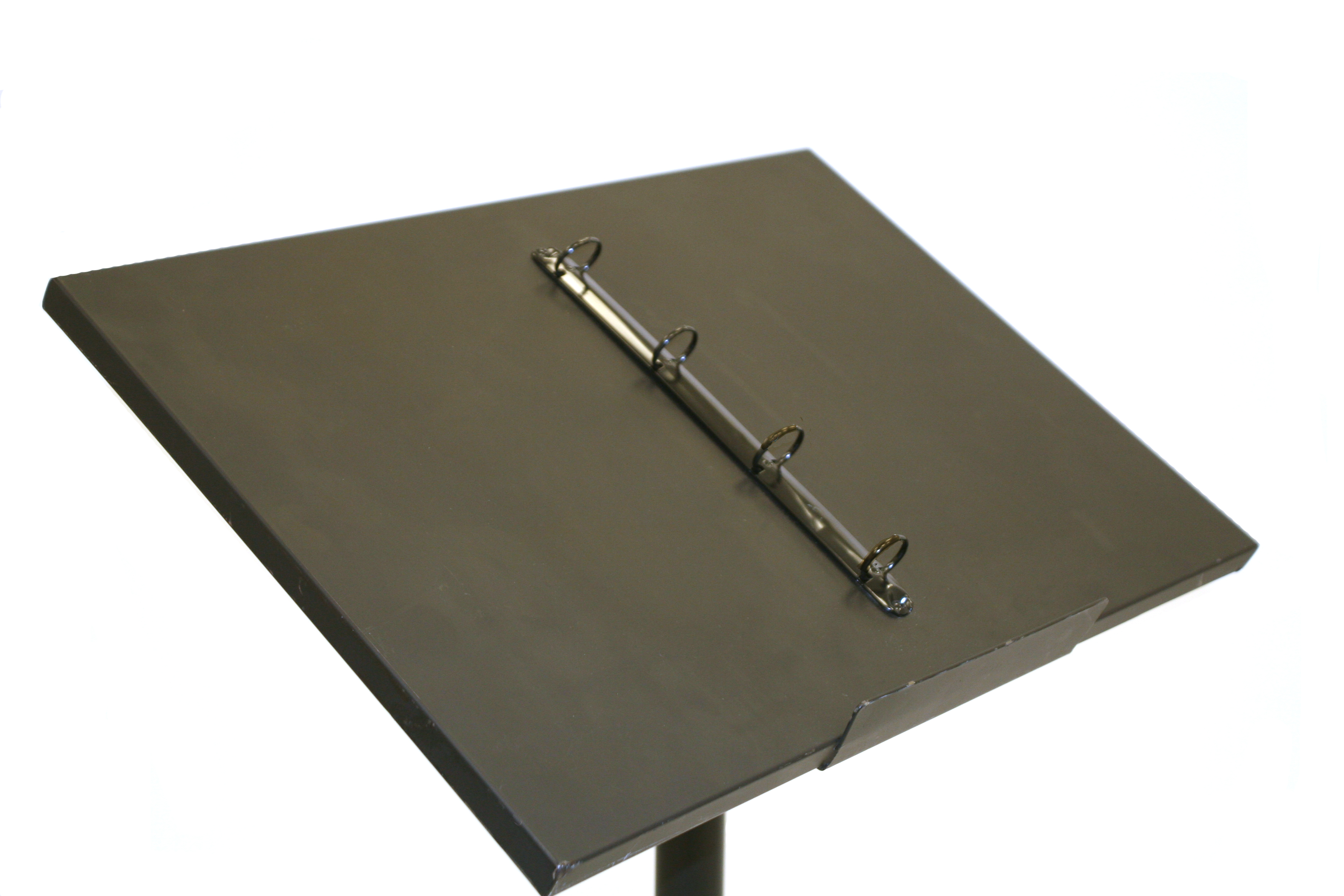 Black powder coated carbon steel lectern with attached ring binders - BE Event Hire