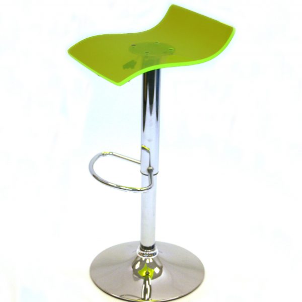 Green acrylic swivel bar gas lift stool with a chrome base and foot rest - BE Event Hire 