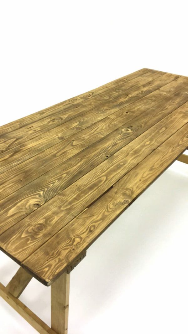 6’x 2’6” Rustic Trestle Table Hire - Close Up - BE Event Furniture Hire