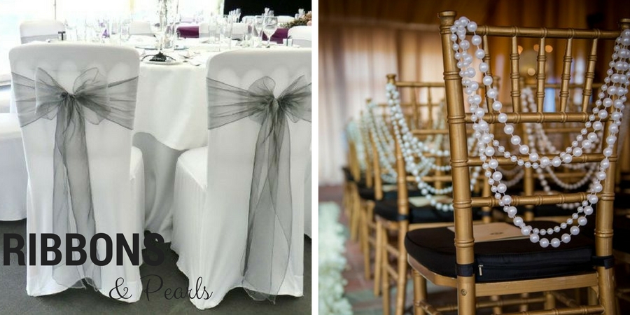 wedding chairs with ribbons and pearls