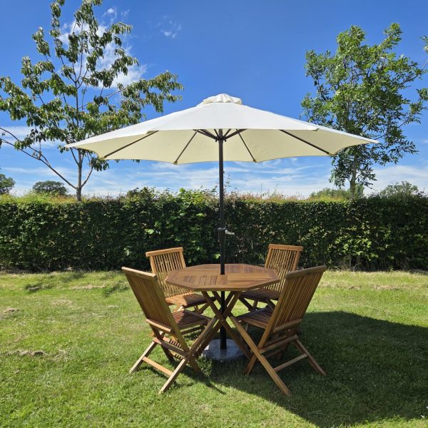 Cream Umbrella & Teak Chairs Cream Umbrella & Teak Chairs