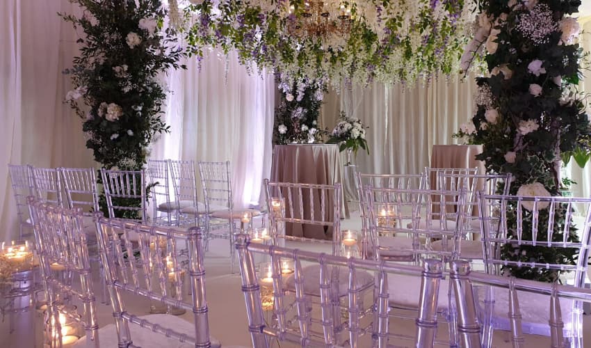 Wedding Ceremony with Crystal Chiavari Chairs - BE Event Furniture Hire