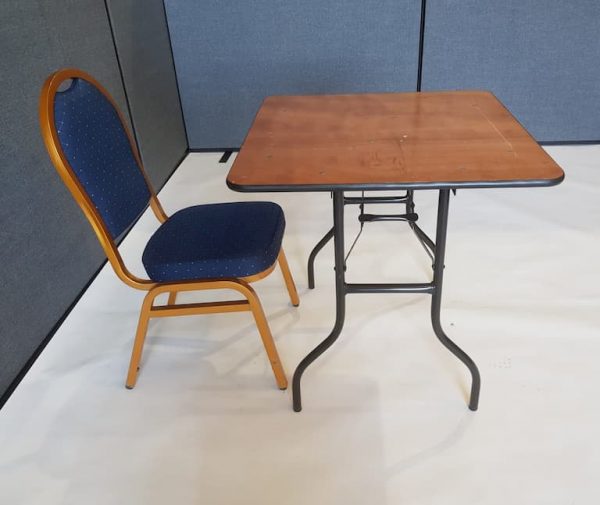 2'6'' Wood Square Table and Blue Banquet Chair Set - BE Event Furniture Hire