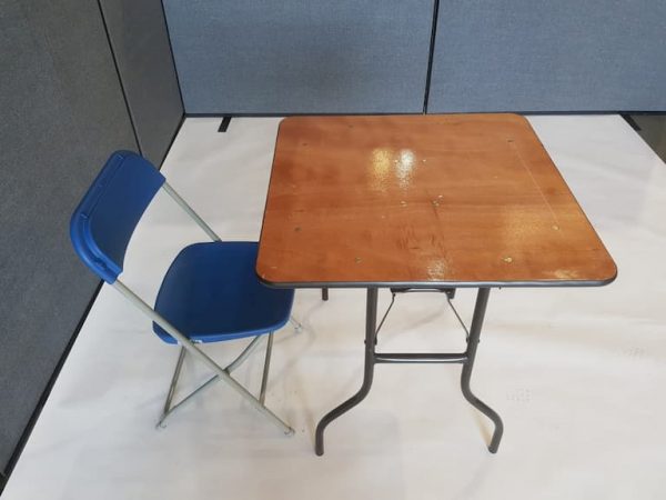 2'6'' Wood Square Table and Blue Folding Chair Set - BE Event Furniture Hire