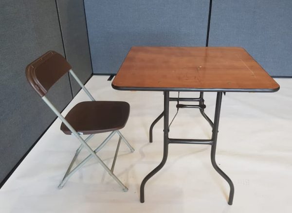 2'6'' Wood Square Table and Brown Folding Chair Set - BE Event Furniture Hire