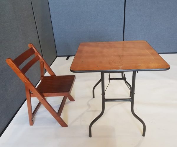 2'6'' Wood Square Table and Folding Wooden Chair Set - BE Event Furniture Hire