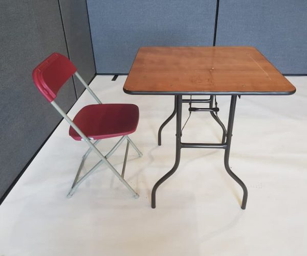 2'6'' Wood Square Table and Red Folding Chair Set - BE Event Furniture Hire