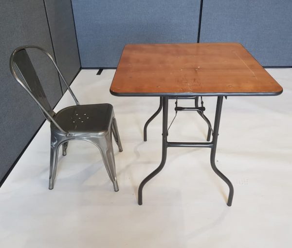 2'6'' Wood Square Table and Silver Metal Tolix Chair Set - BE Event Furniture Hire