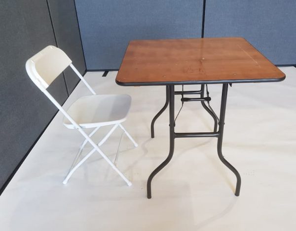 2'6'' Wood Square Table and White Folding Chair Set - BE Event Furniture Hire