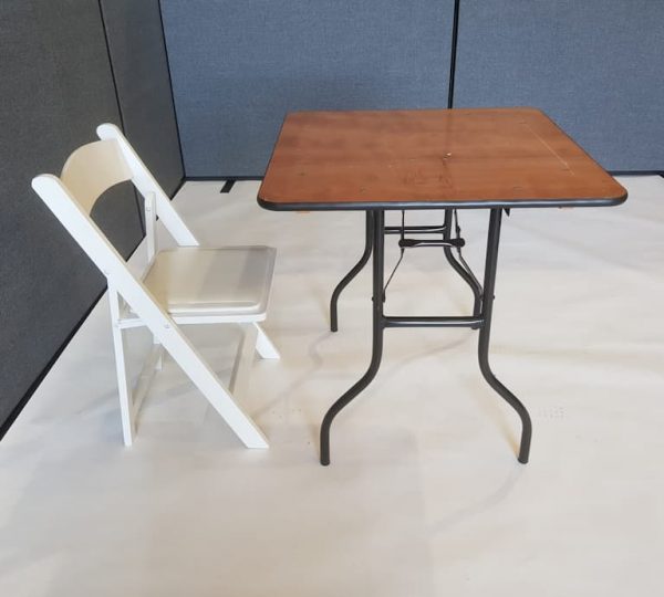 2'6'' Wood Square Table and White Wooden Folding Chair Set - BE Event Furniture Hire