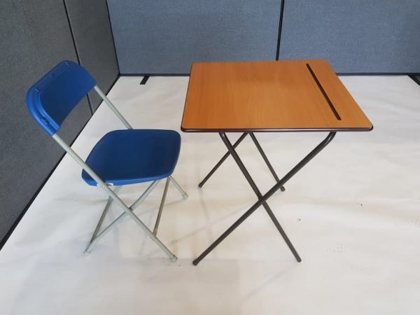 Desk and Blue Folding Chair Set - BE Event Furniture Hire