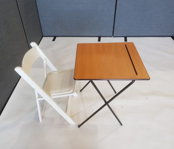 Desk and White Wooden Folding Chair Set - BE Event Furniture Hire