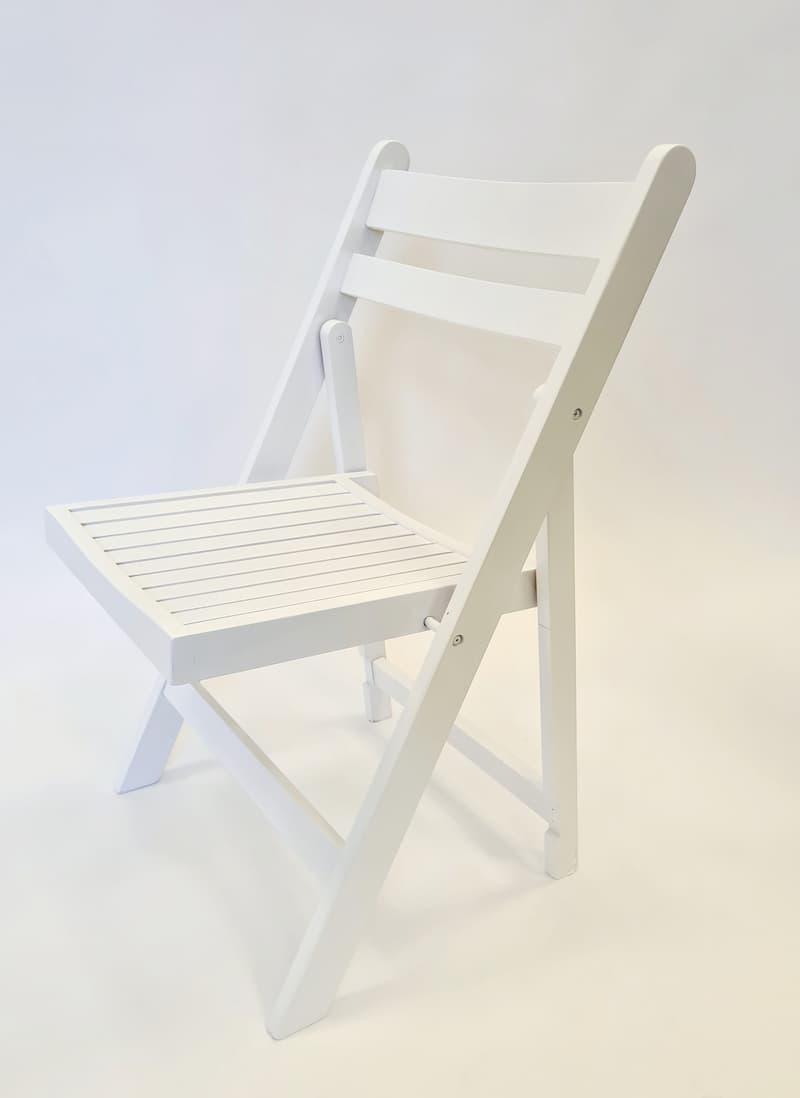 White Wooden Folding Chair Hire Weddings, Events BE Event Hire