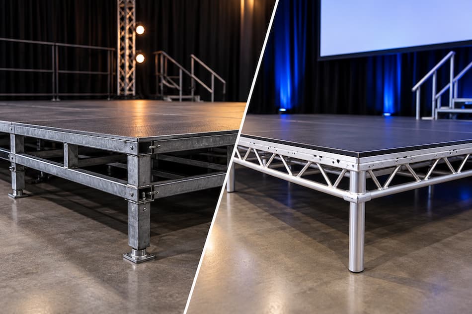 Steeldeck vs Prolyte Stage Blocks for Event Hire - BE Event Furniture Hire